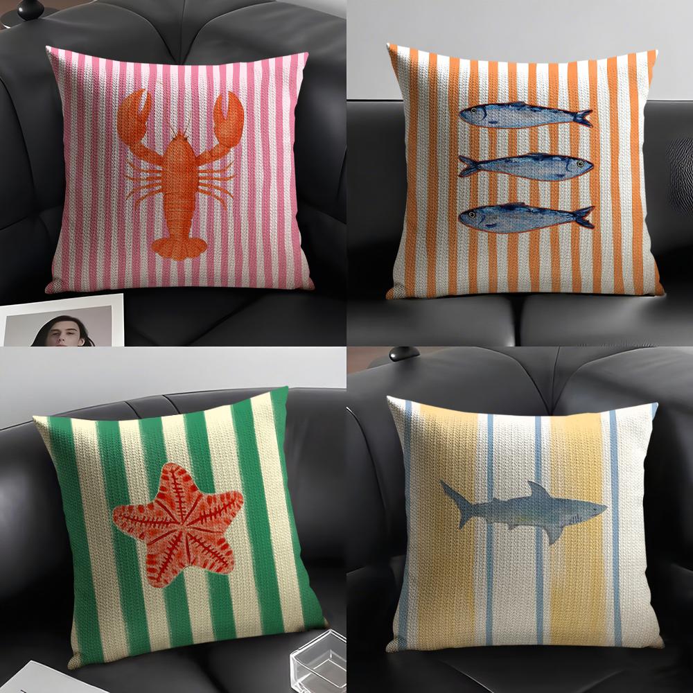 Pillow Cover 20X20 - Ocean Life Theme Striped Cushion Cover