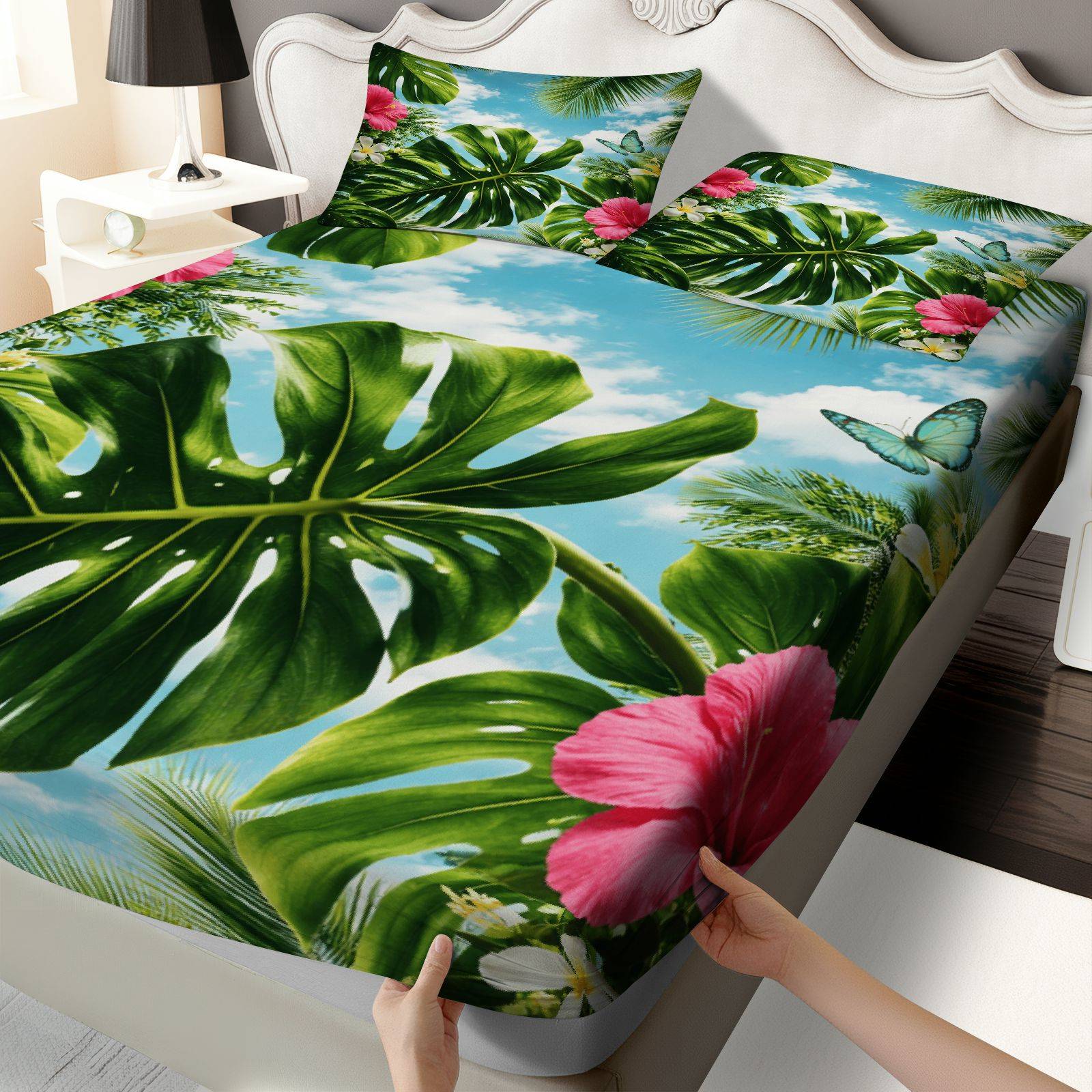Tropical Hibiscus Bed Sheet Se - Fitted Sheet Deep ulasan dan harga